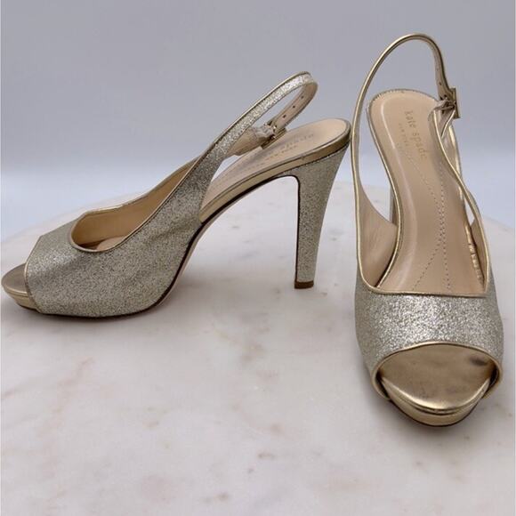 Kate Spade NY Gold Glitter Slingback Pumps 8 Open Toe Holiday Party Heels - Picture 8 of 11